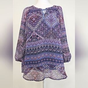 St Johns Bay Boho Peasant Top Blue Pink Mixed Pattern Flowy Tie Neck Size XL